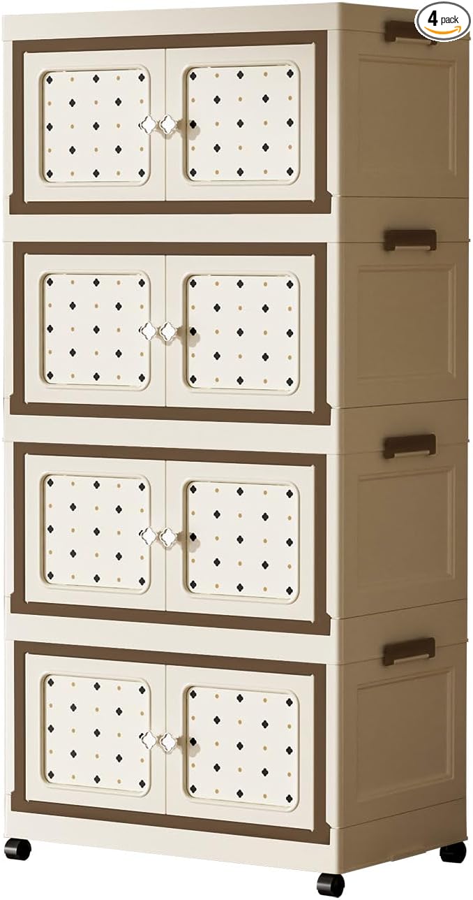 Lockable Storage Bins with Lids, Folding Storage box with Doors and Wheels, Collapsible Plastic Storage Bins for Closets, Stackable Storage Organizer, Storage Containers (Printed, 4-Tier)