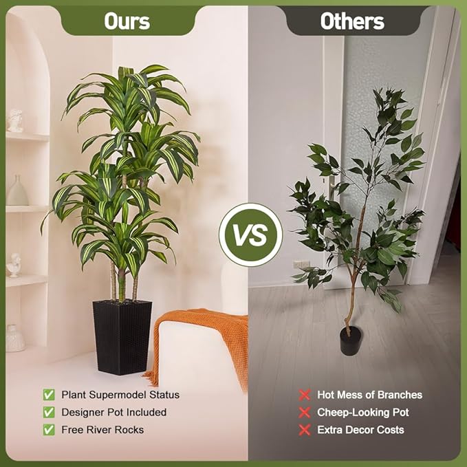 Artificial Dracaena Tree 6FT - UV Resistant Faux Tree with Large Taper Planter & Pebbles - Tall Fake Plants Indoor & Outdoor, Potted Floor Plant for Home Living Room Porch Decor, VN127