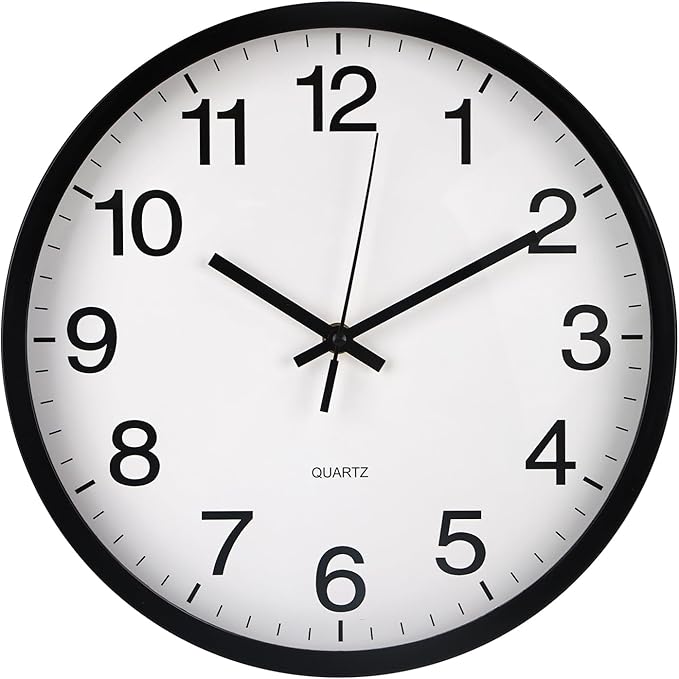 Wall Clock Non-Ticking Silent Quartz Movement Decor Clock Modern Simple Style Round Plastic Wall Clocks for Home/Office/School/Living Room/Bedroom/Kitchen (Black, 12 Inch)