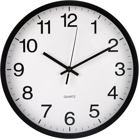 Wall Clock Non-Ticking Silent Quartz Movement Decor Clock Modern Simple Style Round Plastic Wall Clocks for Home/Office/School/Living Room/Bedroom/Kitchen (Black, 12 Inch)
