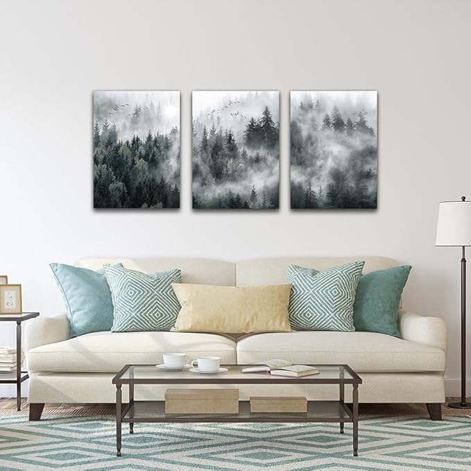 DZRWUBHS 3 Pieces Wall Decor Living Room Canvas Wall Art For Bedroom Office Decoration Foggy Forest Trees Scenery Wall Painting Landscape Wall Pictures Prints Artworks Ready To Hang Room Home Decor