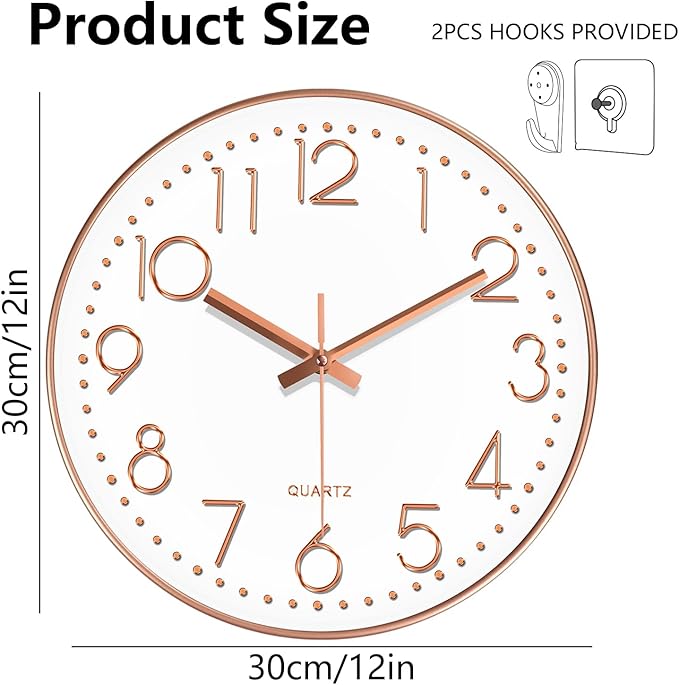 Modern Silent Wall Clock - 12 Inch Wall Clocks Battery Operated Large Number, Non-Ticking Analog Clock with Tempered Glass Quartz Clocks for Living Room Bedroom Office Kitchen, Rose Gold