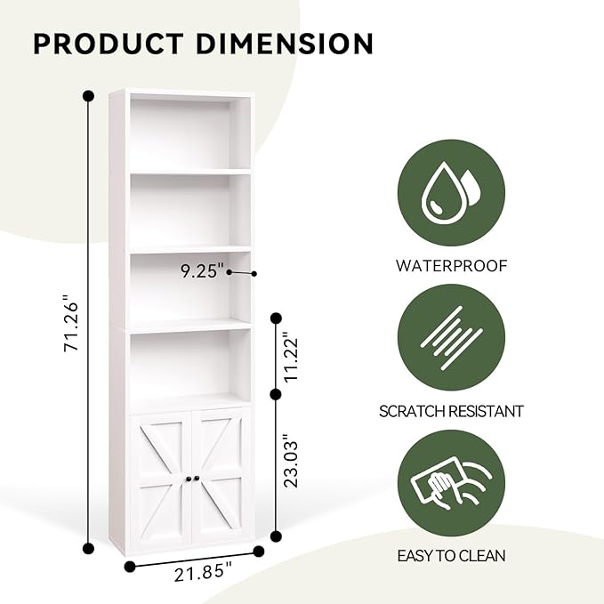 Tall Bookshelf Set of 2, 6 Tier Floor Standing Bookcase with Two Hinged Doors, Storage Organizer Display Shelves, Modern Corner Bookshelf Storage Cabinet for Living Room, Office, White