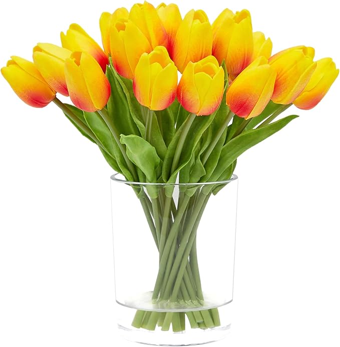 WELL KNOWN 20 Pcs Tulips Artificial Flowers in Vase with Faux Water, Faux Tulips Real Touch, Floral Arrangements Artificial with Vase Centerpiece for Bathroom Home Decoration Orange