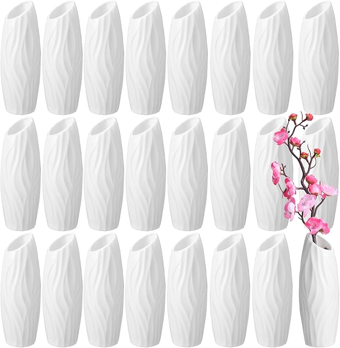 24 Pcs Composite Plastic Flower Vase Ceramic Look Decorative White Unbreakable Plastic Vases for Flower Centerpieces for Living Room Table Home Decor(Elegant Style)