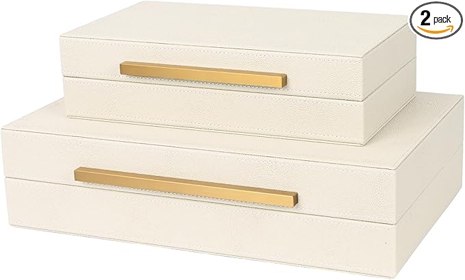 Beige Shagreen Decorative Storage Boxes – Set of 2 Faux Leather Jewelry & Memory Boxes with Gold Metal Handles, Nesting Photo Organizers for Home Decor, Gift, and Office Organization