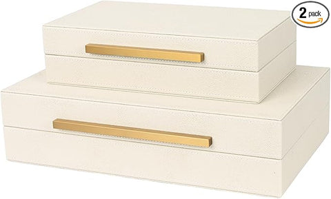 Beige Shagreen Decorative Storage Boxes – Set of 2 Faux Leather Jewelry & Memory Boxes with Gold Metal Handles, Nesting Photo Organizers for Home Decor, Gift, and Office Organization