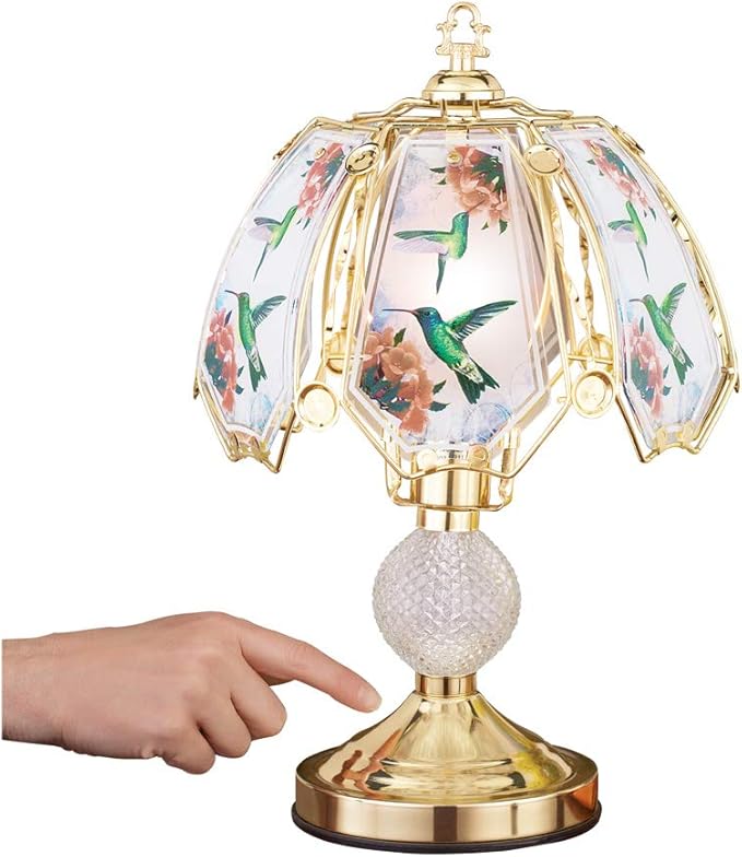 Collections Etc Touch Base Hummingbird Lamp with Gold-Tone Base and Colored Glass Panels, Tabletop Decorative Accent for Any Room in Home
