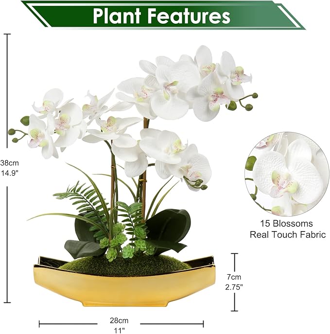 Briful Orchids Artificial Flowers 15" White Phalaenopsis Orchid with Gold Pots Real Touch Faux Orchid Flower for Home Office Bedroom Table Centerpiece Desk Decor