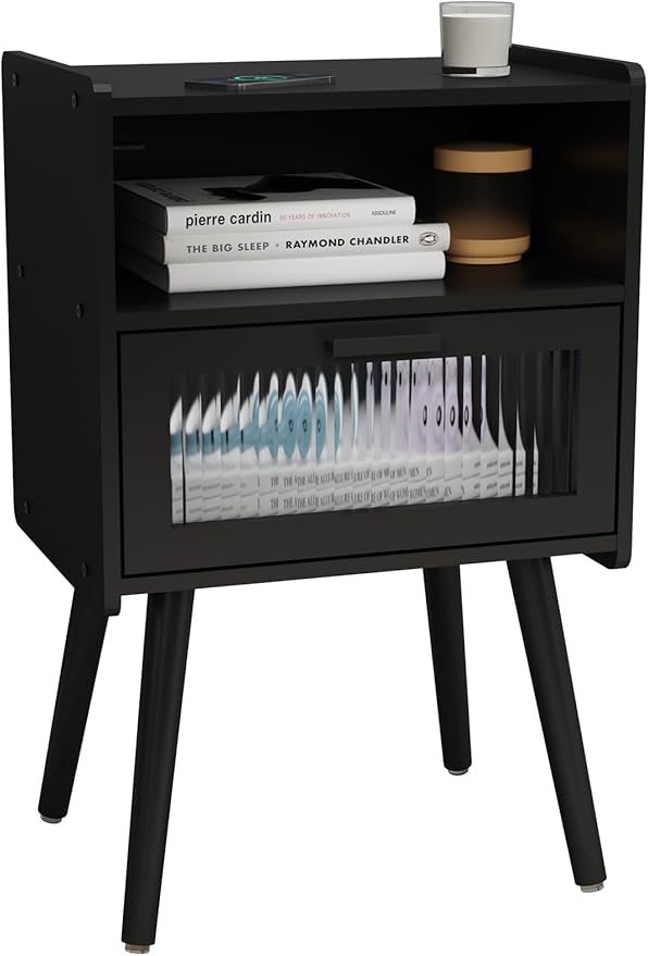 SOOWERY Mid Century Modern Nightstand, Side Table with Storage, Bedside Tables with Acrylic Drawer, End Table with Solid Wood Legs for Bedroom, Living Room and Small Spaces, Black