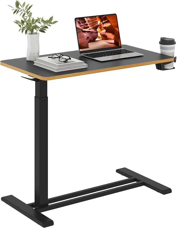 Medical Overbed Adjustable Bedside Table with Hidden Casters, Pneumatic Mobile Rolling Laptop Standing Desk with Tray for Home and Hospital Use, Black