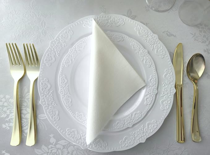 " OCCASIONS " 50 Plates Pack (25 Guests) Vintage Wedding Party Disposable Plastic Plate Set -25x10.25'' Dinner +25x7.5'' Salad/Dessert plates (Portofino Plain White)