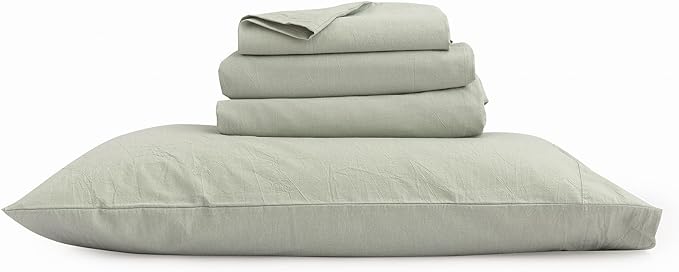 BESTOUCH Sheet Set 100% Washed Cotton Linen Feel Super Soft Comfortable Chic Lightweight 4 Pcs Home Bedding Set Solid Sage Green Cal King