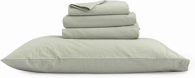 BESTOUCH Sheet Set 100% Washed Cotton Linen Feel Super Soft Comfortable Chic Lightweight 4 Pcs Home Bedding Set Solid Sage Green Queen