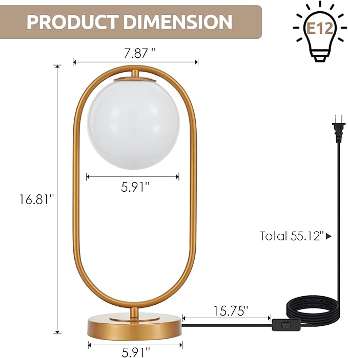 Bedside Table Lamp Modern Brass Desk Lamp with Glass Globe Mid-Centruy Table Light for Bedroom Living Room Home Office