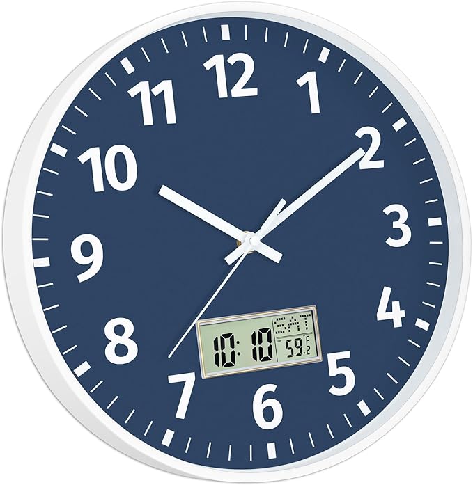 Foxtop Digital Wall Clock with Time, Day of Week and Temperature, Silent Non-Ticking Battery Operated Round Digital and Analog Wall Clock for Classroom Office Bedroom Home School (12 Inch, Blue)