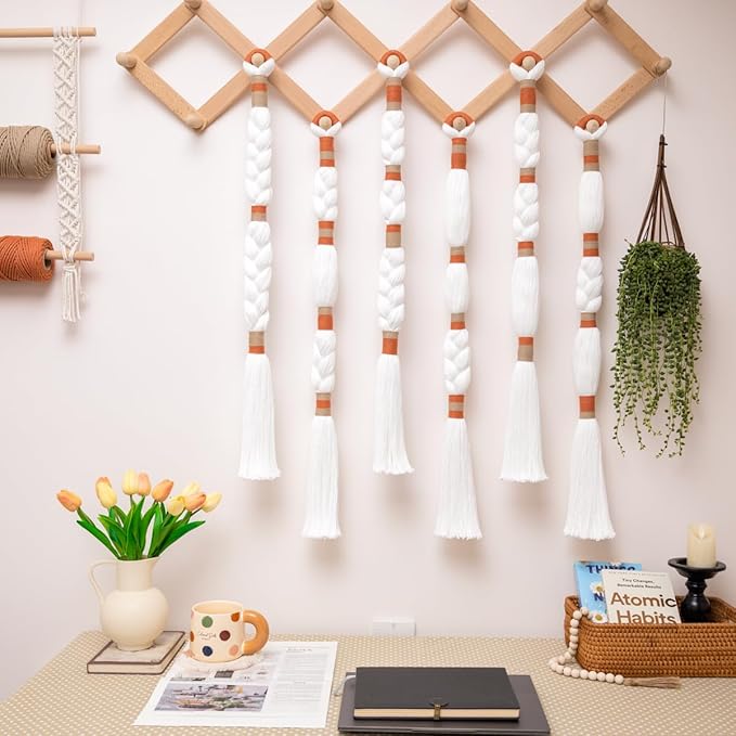 Remmdan Macrame Wall Hanging: Boho Wall Decor, Textile Tassel Wall Hanging, Fiber Yarn Boho Wall Art for Living Room Bedroom, 32" L x 1.8" W x 6 Pcs, White and Orange