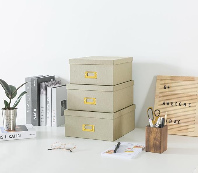 Soul & Lane Light Gray Kraft Paper Boxes for Storage, Set of 3 Square Stacking Boxes with Lids and Gold Label Holders, Decorative Photo Storage, Nesting Cardboard Containers for Organizing