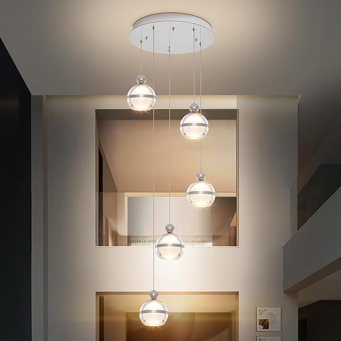 5 Lights Modern Pendant Lighting Chrome Globe Hanging Ceiling Pendant Light Fixtures Cluster LED Dimmable Pendant Lights Kitchen Island for Dining Room Living Room Bedroom Foyer Stairs