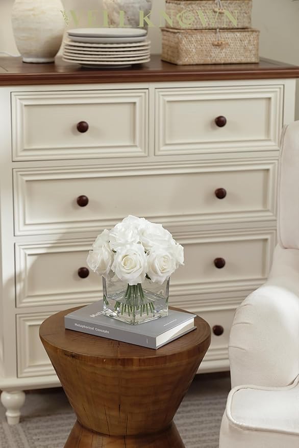 WELL KNOWN Rose Artificial Flowers in Vase with Faux Water, Ivory White Silk Rose Table Centerpieces for Home Coffee Table Decor, Fake Roses Flower Arrangements for Office Hotel Lavatory Decor