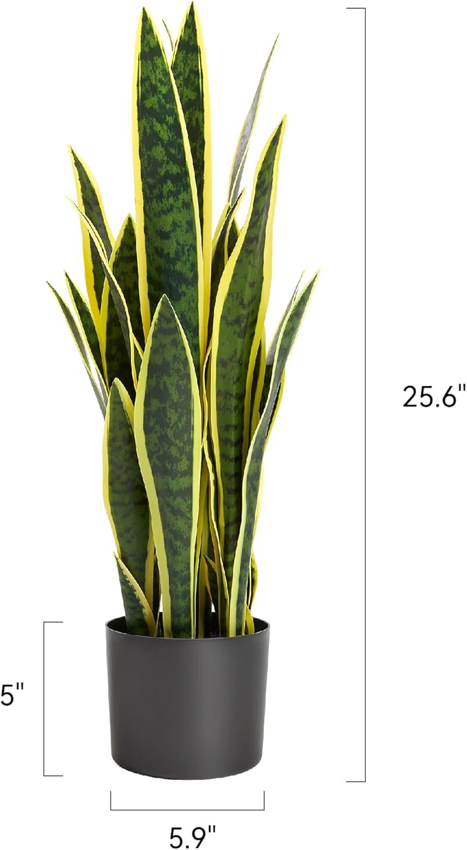 KOL 2ft Artificial Snake Plant, 32 Lifelike Faux PVC Leaves, Indoor Home Garden Decor, Fake Sansevieria Potted Plants, Mother-in-Law Tongue, 25.6in Floor Greenery in Black Pot