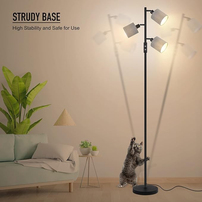 BoostArea Floor Lamps for Living Room, 3 Color Temperature, 3-Light Tree Standing Lamp, Minimalist Floor Lamp with Grey Lamp Shades Modern Pole Lamp for Bedroom Office Kids Room, Black (5W LED Bulbs)
