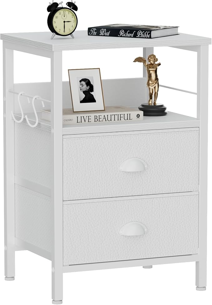 Furologee Nightstand with 2 Fabric Drawers, White Bedside Table with 2-Tier Shelf, Side Table with Hooks and Wood Top for Bedroom/Living Room/Hallway/White