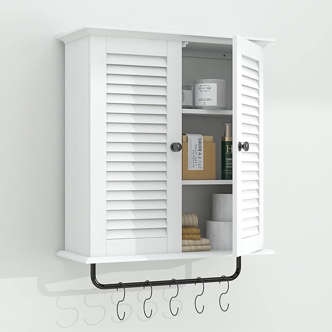 TaoHFE Bathroom Cabinet Wall Mounted White Designer Bathroom Wall Cabinet Medicine Cabinet with Double Shutter Doors 3 Tier Adjustable Shelf with Towel Rack Over The Toilet Storage Cabinet Laundry
