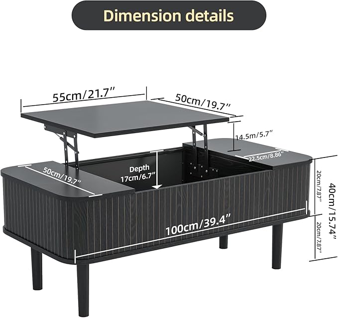 Coffee Table Lift Top, Fluted Coffee Table with Storage, Black Coffee Tables for Living Room, Modern Center Table with Metal Legs