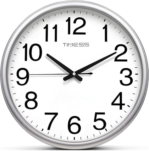 Wall Clock, 13 Inch Large Dial Non-Ticking Silent Battery Operated Quality Analog, Ultra-Quiet Movement Quartz, Timeless Stylish Clock, Ideal Modern Home, Office Décor (Sliver)