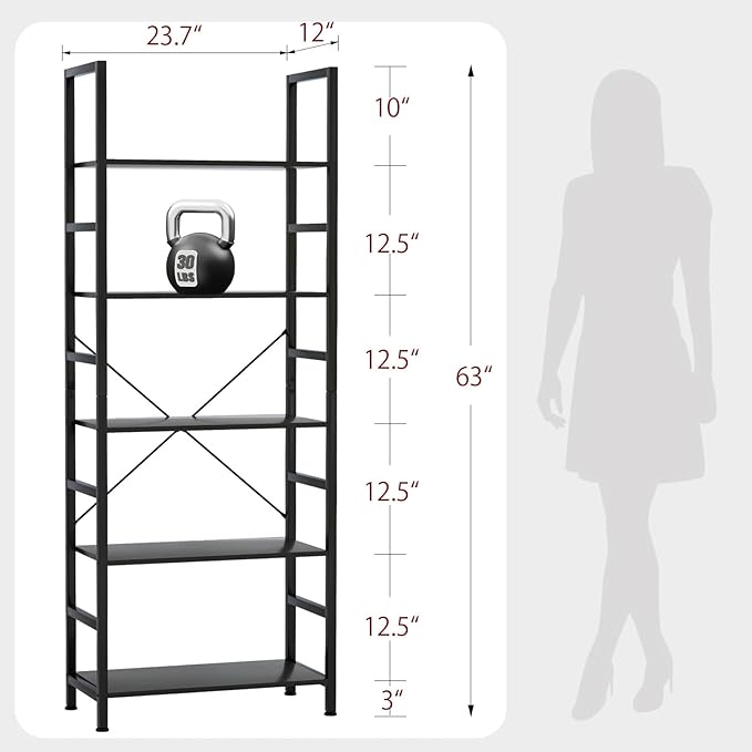 5 Tier Bookshelf Industrial Ladder Shelf Open Display Storage Rack Wood Bookcase with Metal Frame, Freestanding Storage Shelves for Home Office, Living Room, Bedroom, Kitchen (Black, 5-Tier)