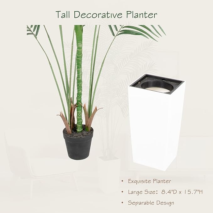 Bellacat UV Resistant 5ft Faux Palm Tree with Tall White Decorative Planter, 60in Artificial Palm Tree with Realistic Leaves & Branches, Fake Palm Tree for Home Office Porch Front Door Patio Decor.
