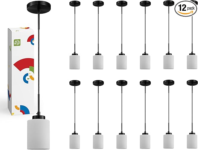 ASD Single Mini-Pendant Ceiling Light Fixture | 60W E26 Socket 120V | Dimmable, LED/CFL/Incandescent Bulbs Compatible, ETL Listed | Hanging Kitchen Island Lighting, Frosted Drop Lamp | Black, 12 Pack