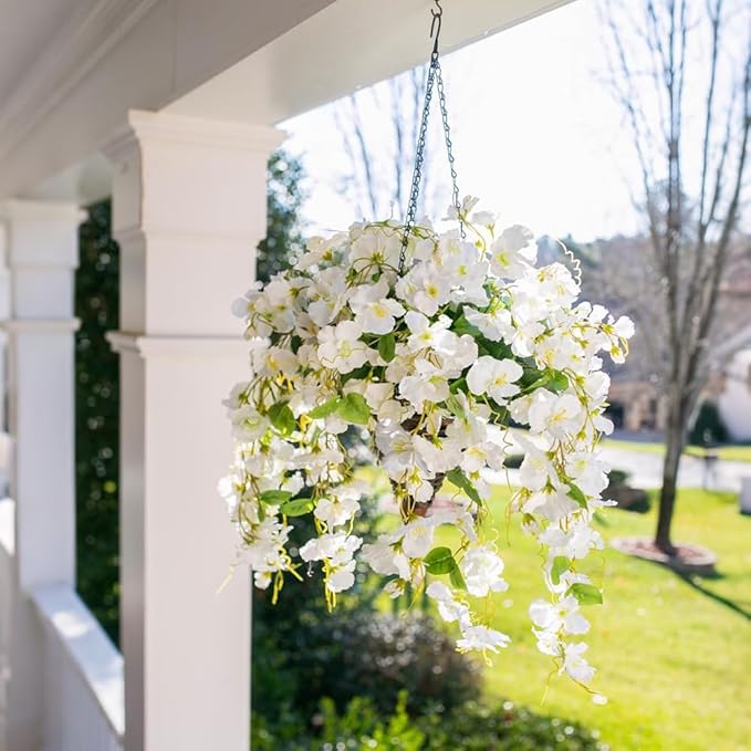 Ivydale Artificial Hanging Flowers Baskets Fake Plants for Outdoors Summer Decoration, Faux Hibiscus UV Resistance Realistic Silk Flowers for Outside Home Patio Porch Balcony Garden Wedding, White