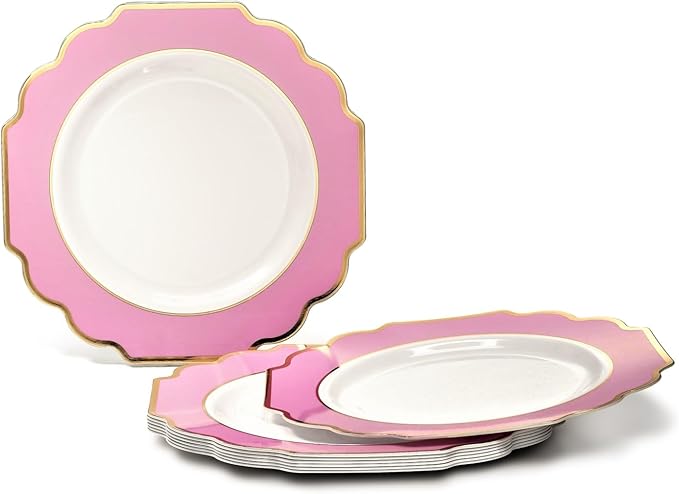 " OCCASIONS " 120 Plates Pack,(60 Guests) Heavyweight Premium Wedding Party Disposable Plastic Plates Set -60 x 10.5'' Dinner + 60 x 8'' Salad/Dessert(Imperial in Light Pink & Gold)