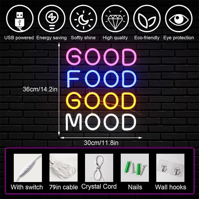 Horseneon Good Food Good Mood Neon LED Sign, Food Neon Signs for Wall Decor, Good Food Good Mood Neon Light with USB Powered for Snack Shop, Restaurant, Fast Food