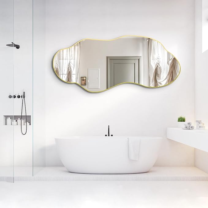 Large Irregular Mirror, 63"x27.2" Asymmetrical Wall Mirrors, Wavy Shaped Mirror Full Length, Modern Unique Mirrors for Living Room Bathroom Bedroom Hallway Entryway Fireplace