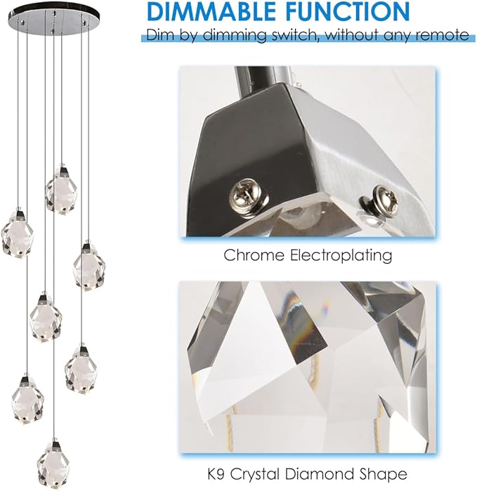 7 Lights Cluster Pendant Light, Modern Foyer Dimmable Chandelier Light Fixture, Chrome Pendant Hanging Light Crystal Chandeliers for Entrance, Dining Room