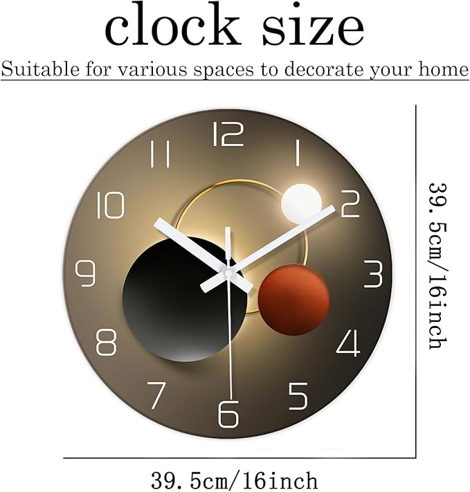 XNM Black and Glod Wall Clock for Bedroom Large Wall Clocks Battery Operated 16 Inch Round Glass Analog Wall Clock Slient