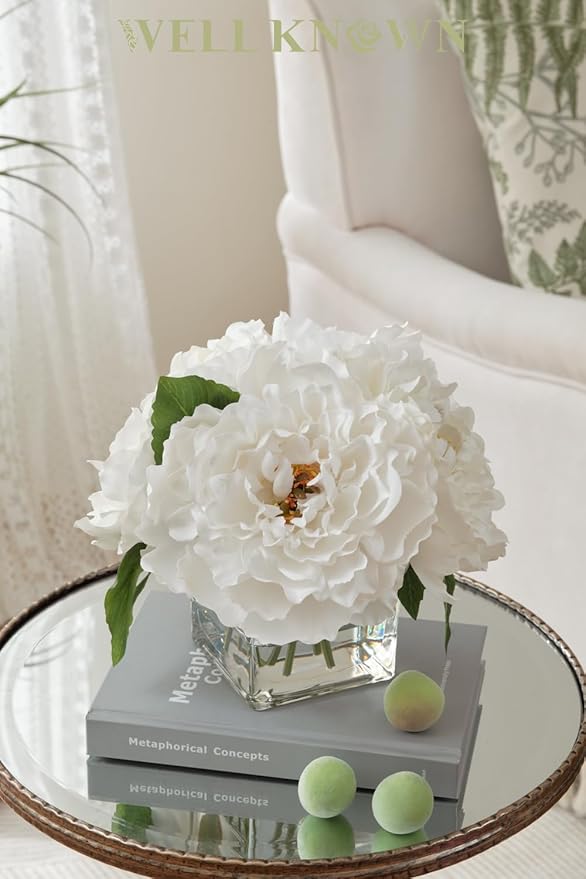 Artificial Peonies Flowers Arrangements in Cube Glass Vase, WELLKNOWN Ivory White Silk Flower Centerpieces for Dining Room Table, Coffee Table Decor, Faux Peony Flowers with Faux Water