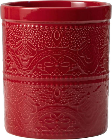 FUN ELEMENTS Kitchen Utensil Holder, 7.2" Super Large Utensil Crock Heavy and Stable Lace Emboss Ceramic Utensil Holder for Kitchen Counter (Christmas Red)
