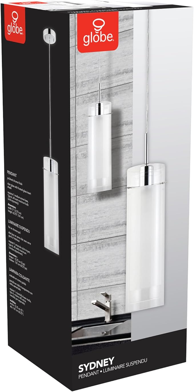 GLOBE Electric 64023 1-Light Pendant Light Fixture, Polished Chrome Finish, Clear Glass Shade with Frosted Insert, Adjustable Height, Modern Lighting for Kitchen Island or Dining Room, Home Décor