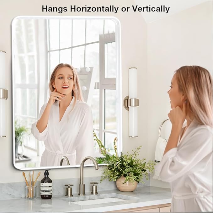 White 28x36 Inch Metal Framed Mirror for Wall, Large Rounded Rectangle Mirror, Anti-Rust, Tempered Glass, Hangs Horizontally or Vertically