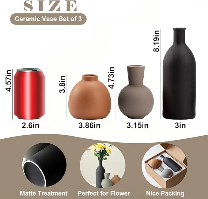 Modern Ceramic Vase Set of 3, Decorative Flower Vases for Home, Multicolor Pottery Vases for Living Room, Kitchen, Bedroom, Shelf, Rustic Farmhouse (Black Mix)
