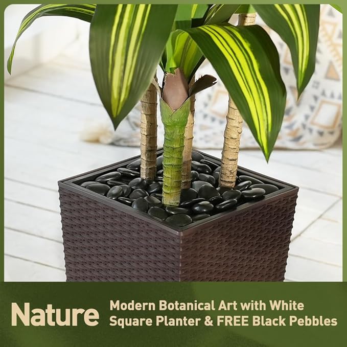 Artificial Dracaena Tree 6FT - UV Resistant Faux Tree with Large Taper Planter & Pebbles - Tall Fake Plants Indoor & Outdoor, Potted Floor Plant for Home Living Room Porch Decor, VN127