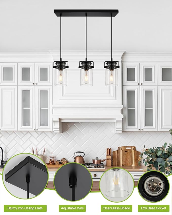 Pendant Lighting for Kitchen Island, Modern Glass Pendant Light Linear Chandelier for Dining Room Industrial Hanging, 3 Light Fixture Adjustable Cord Farmhouse Ceiling Light Black Finish