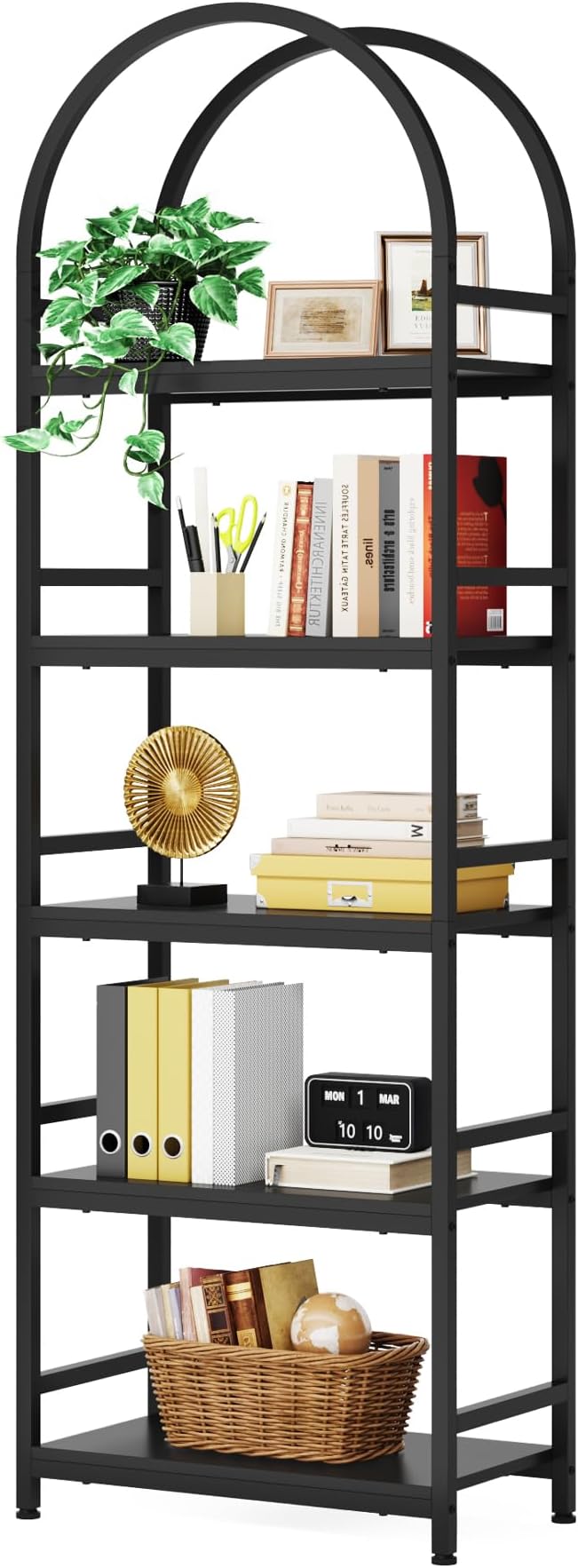 Tribesigns 5-Tier Open Bookshelf, 74.4" Wood Bookcase Storage Shelves with Metal Frame, Freestanding Display Rack Tall Shelving Unit for Office, Bedroom, Living Room, Easy Assembly(Black, 1PC)