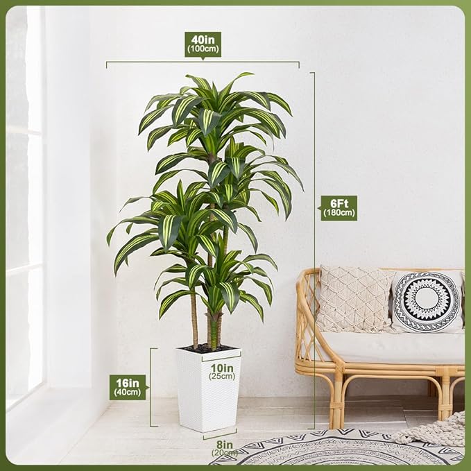 Artificial Dracaena Tree 6FT - UV Resistant Faux Tree with Large Taper Planter & Pebbles - Tall Fake Plants Indoor & Outdoor, Potted Floor Plant for Home Living Room Porch Decor, VN127