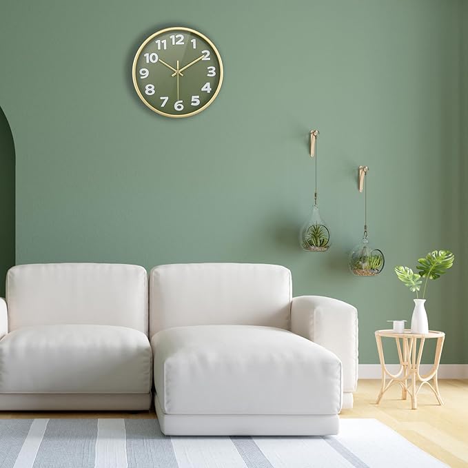 Wall Clock, 10 Inch Silent Wall Clocks Battery Operated, Modern Non-Ticking Analog Clock Decorative for Kitchen Bedroom Office Bathroom- Olive Green and Gold