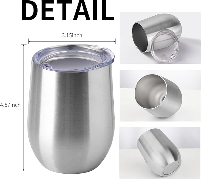 12oz/4 Pack Wine Tumbler Glasses with Lid Stemless Double Wall Vacuum Stainless Steel Travel Tumbler Keeping Cold & Hot for Wine,Coffee,Cocktails,Christmas Drinks-Family and Gifts(4 Pack-Sliver)